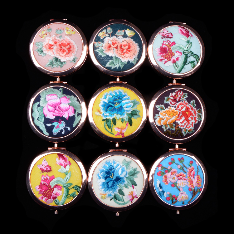 广陵化妆随身镜精品出国送礼刺绣中国风古风摄影 手绣镜子